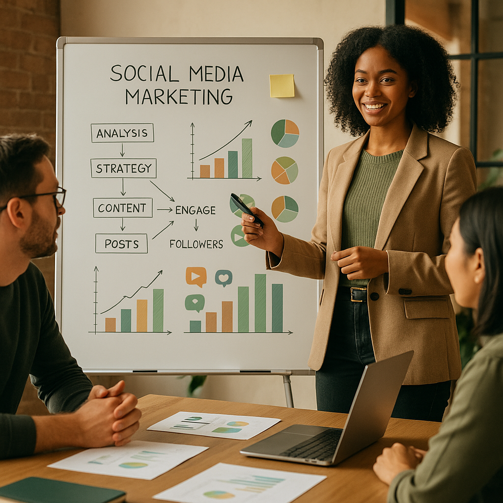Twee personen die social media-gegevens analyseren op schermen met grafieken en pictogrammen