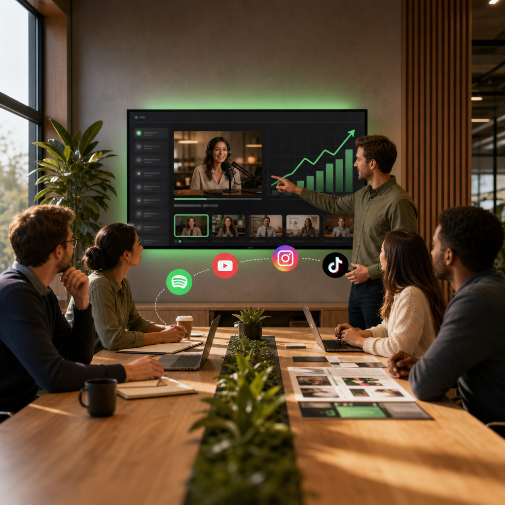 Spotify et Apple sur un tableau de bord marketing de créateur, concept de diffusion de podcasts vidéo
