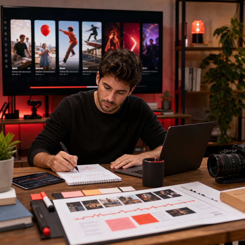 YouTube Shorts riprodotti su una televisione in un soggiorno con un dashboard analytics del creator vicino
