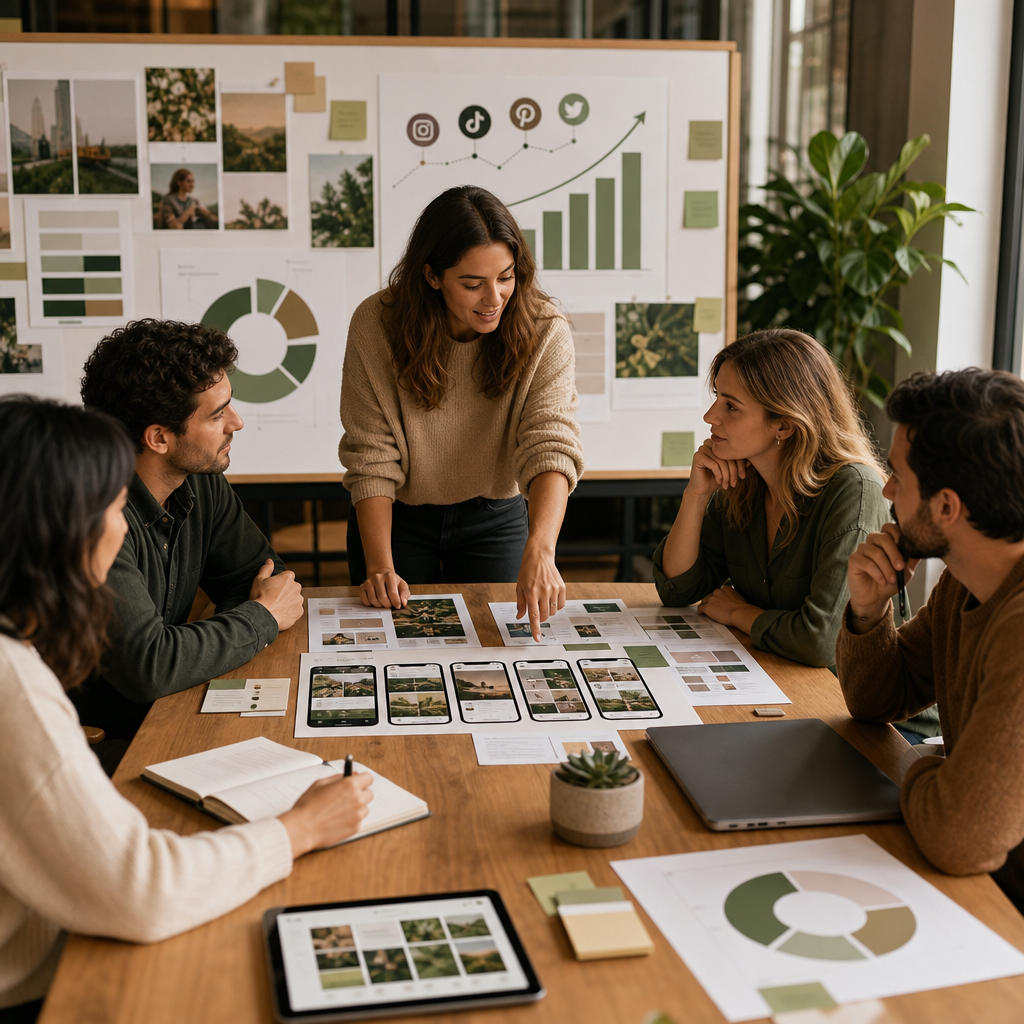 Un team marketing analizza l'andamento di una campagna social su laptop e tablet