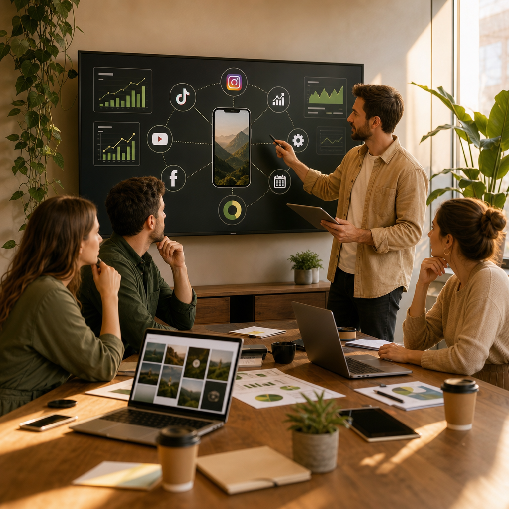 Illustrazione dei flussi di automazione social media tra programmazione, risposte e dashboard analytics