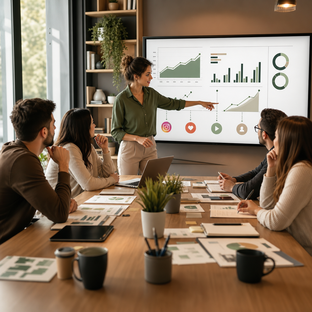 Appunti sulla strategia dei prezzi accanto a grafici di analytics social su una scrivania