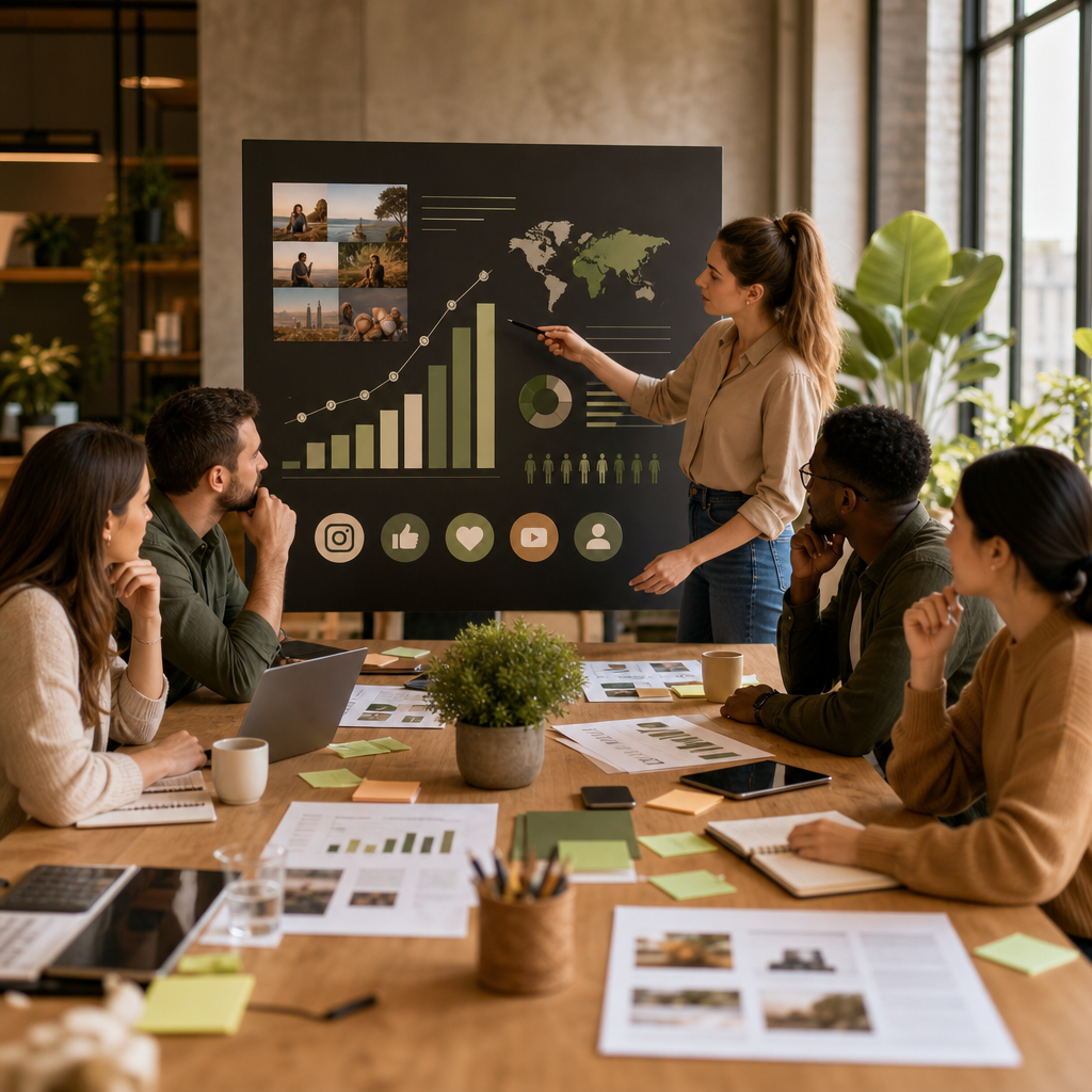 Tableau de bord de stratégie marketing réseaux sociaux avec indicateurs de performance et statistiques business