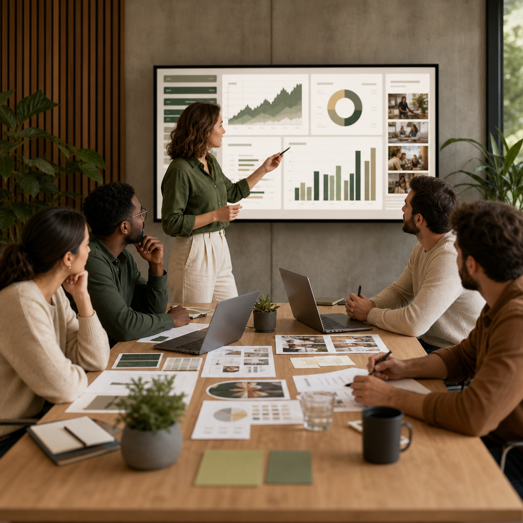 Équipe marketing B2B SaaS analysant la performance d'une stratégie SEO produit et les données de demande de recherche