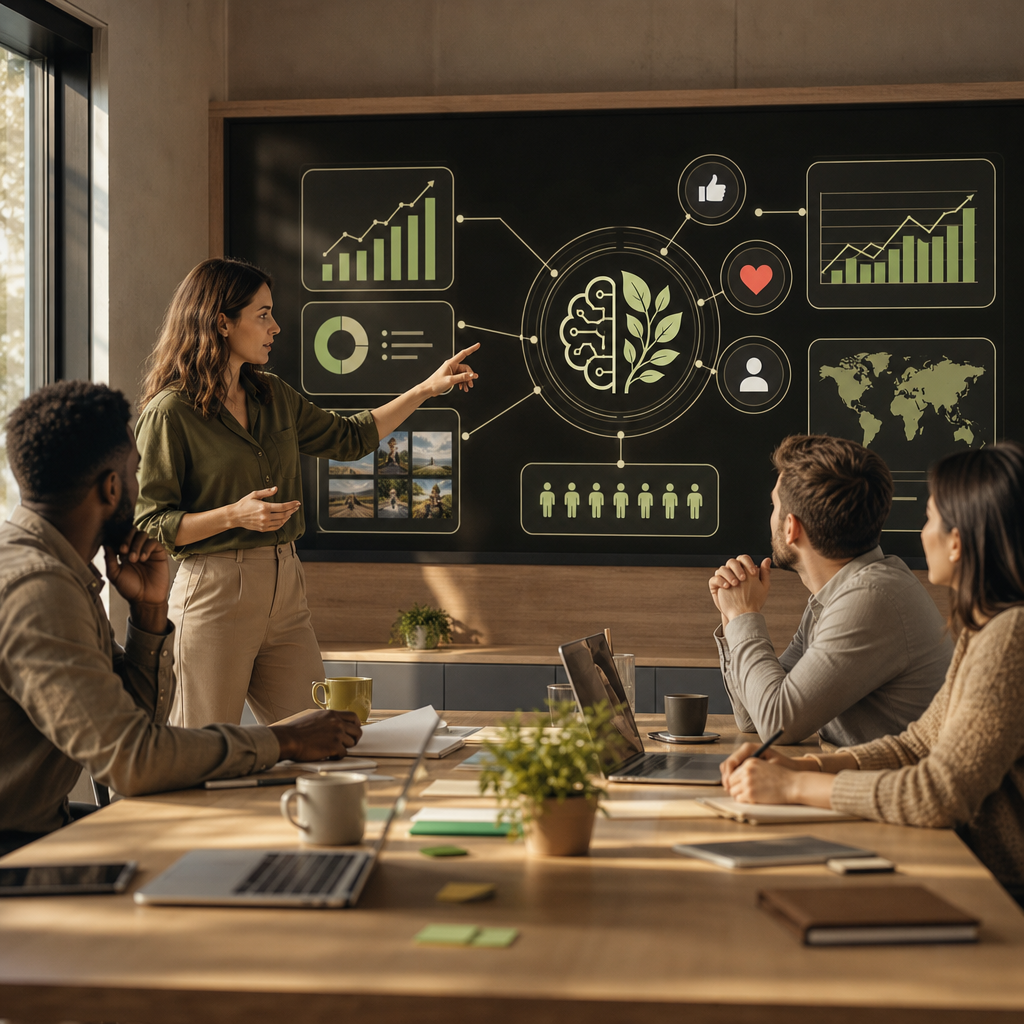 Personne planifiant une stratégie marketing réseaux sociaux avec des outils d’IA sur un tableau de bord d’ordinateur portable