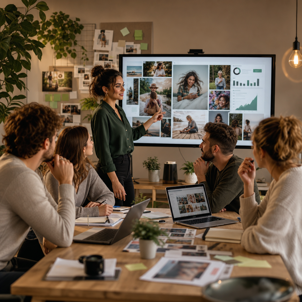 Team dat user-generated content-ideeën beoordeelt voor een social media marketing strategie in 2026