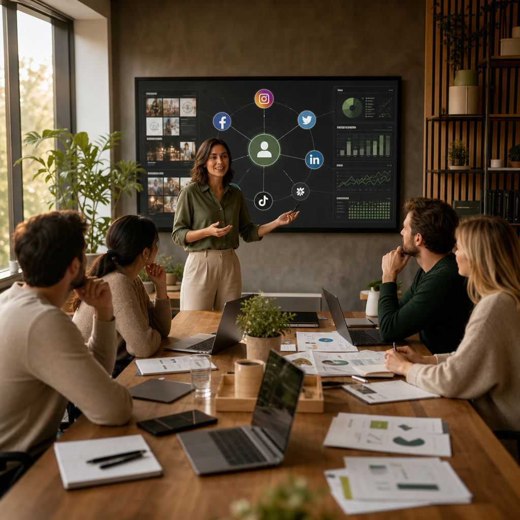 Laptop-Dashboard mit Social-Media-Automation, Planungs-Workflows und Analyse-Daten