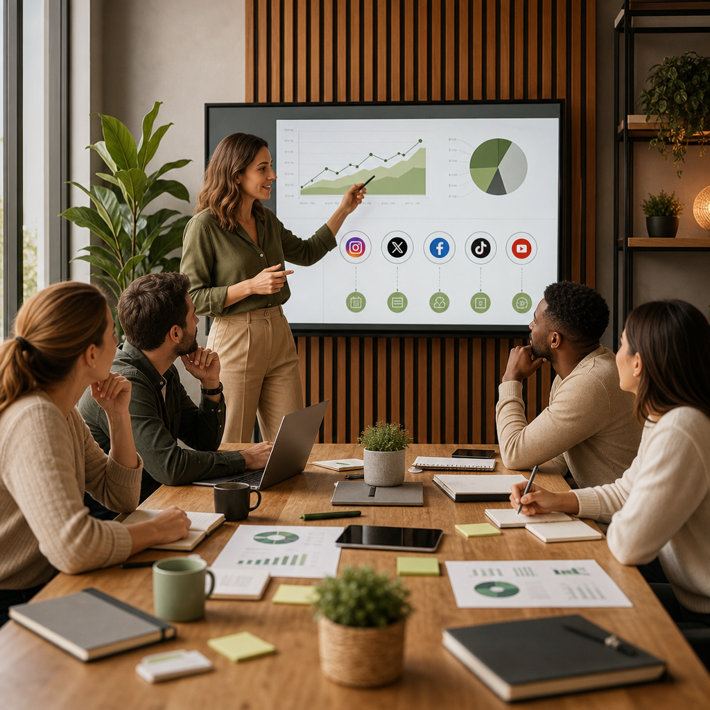 Laptopdashboard met workflows voor social media-automatisering en planningsstatistieken