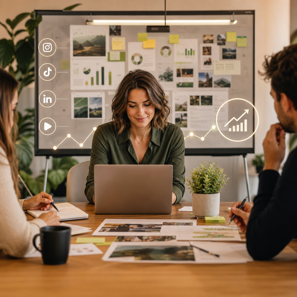 Persoon die op een laptop een wekelijkse social media marketing routine met Claude plant