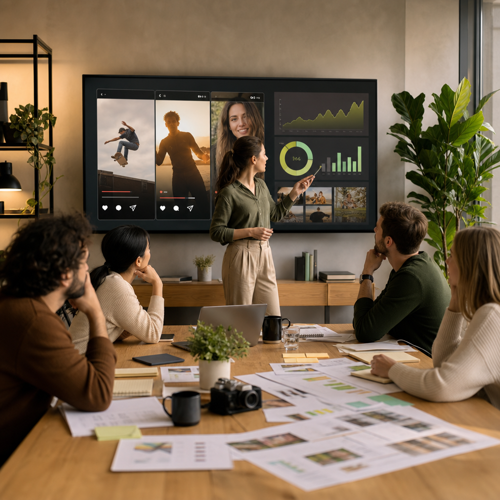 Maker bekijkt short-form videoanalyse en retentiepatronen op een dashboard