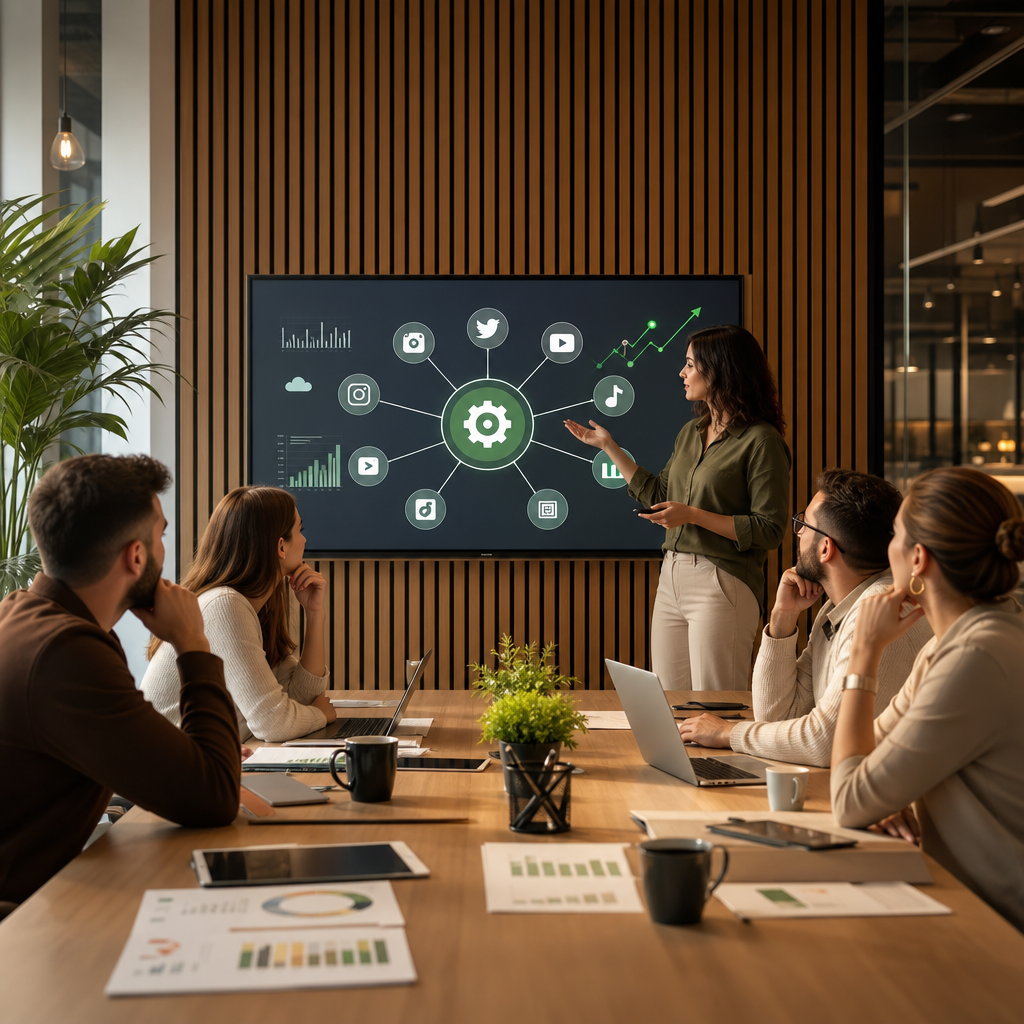 Illustration of social media automation workflows across scheduling, replies, and analytics dashboards
