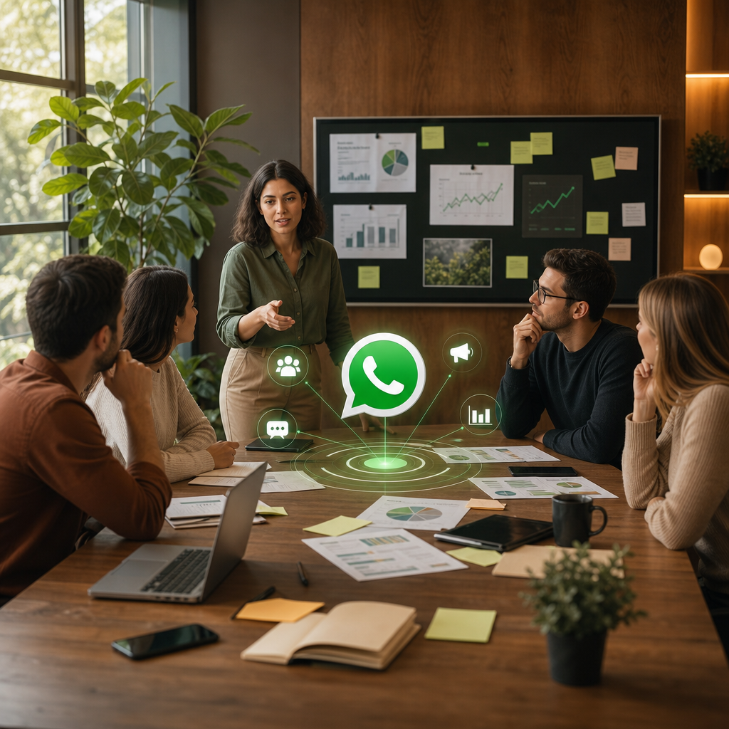 Planejamento de estratégia de WhatsApp marketing para 2026 em celular e notebook