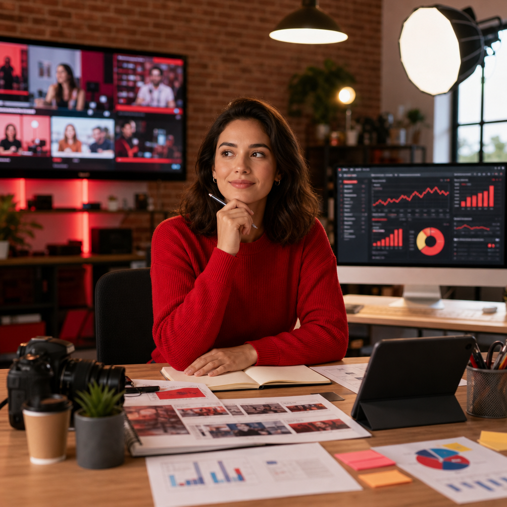 Creator che analizza metriche di show in streaming su YouTube e opportunità sponsor su una dashboard