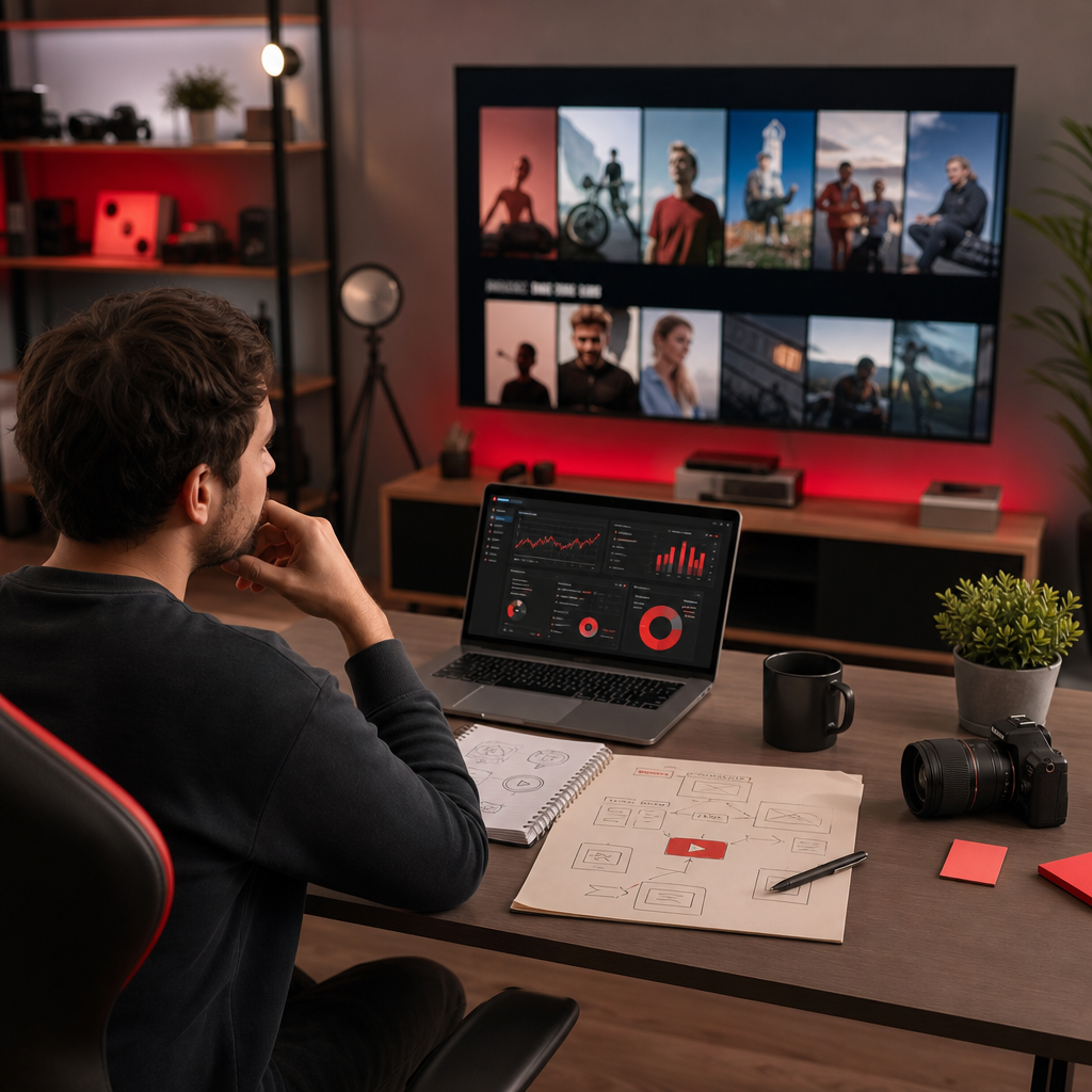 YouTube Shorts laufen auf einem Fernsehbildschirm im Wohnzimmer, daneben ein Creator-Analytics-Dashboard