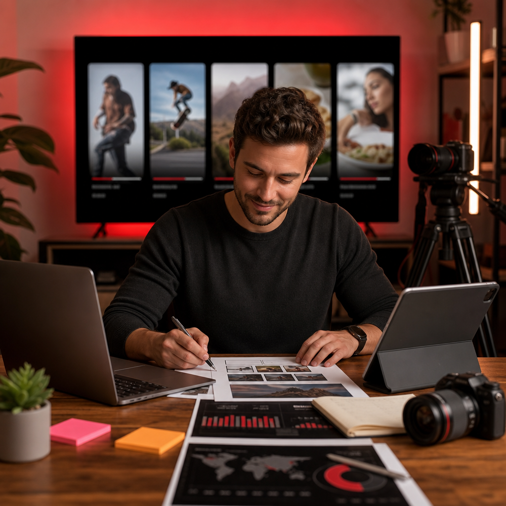 YouTube Shorts playing on a television screen in a living room with a creator analytics dashboard nearby