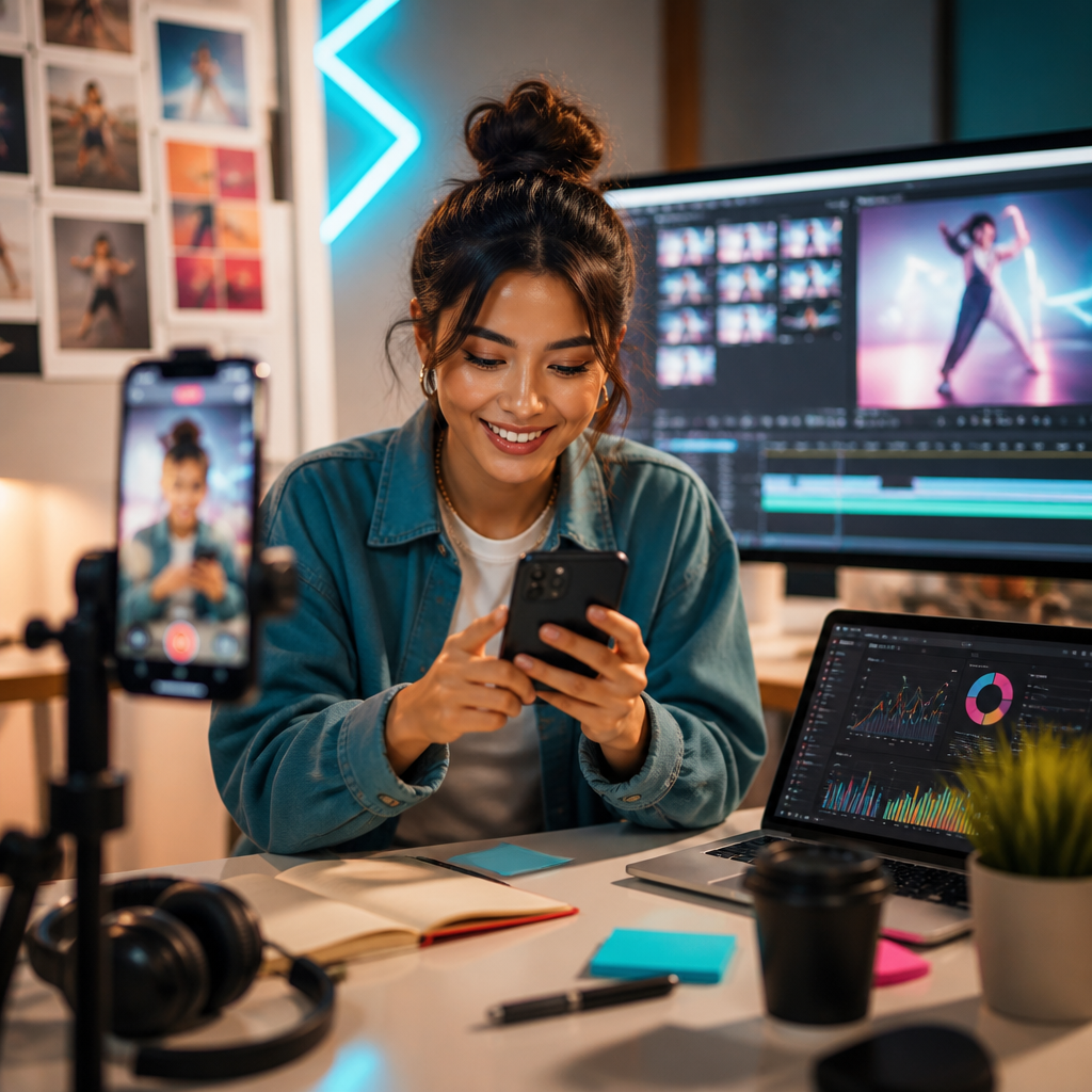 Smartphone showing TikTok app with music icon and playlist of trending songs