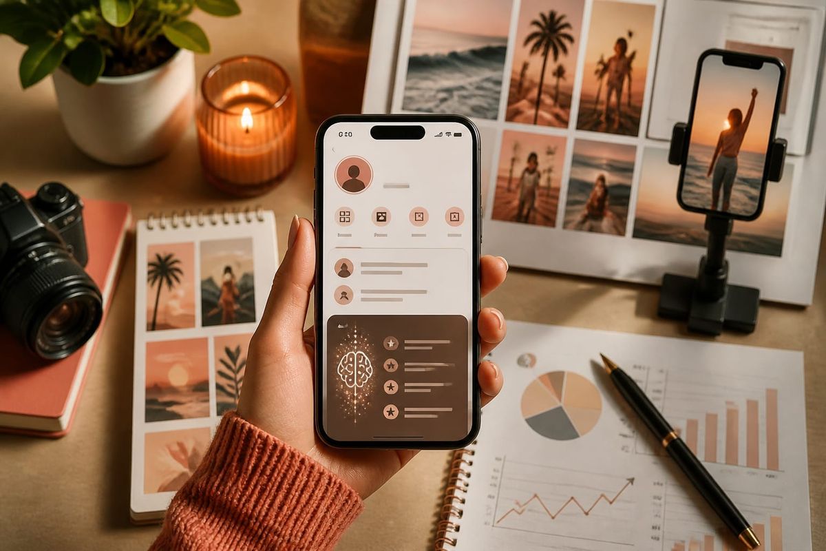 Stylized mobile screen showing Instagram profile name options and AI suggestions