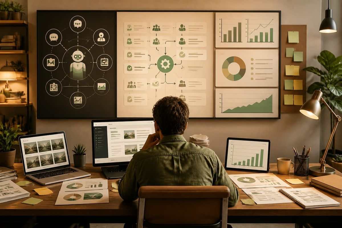 agent system automates entrepreneur workload AI search briefing workspace with query map, ads dashboard, and source checklist
