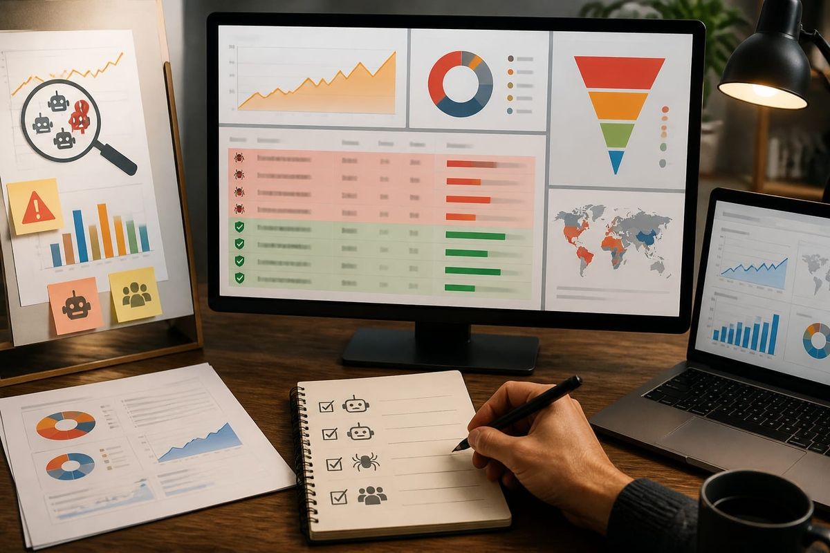 AI assistant traffic audit dashboard with bot log table, verified crawler ranges, referrer funnel, and social growth metrics board