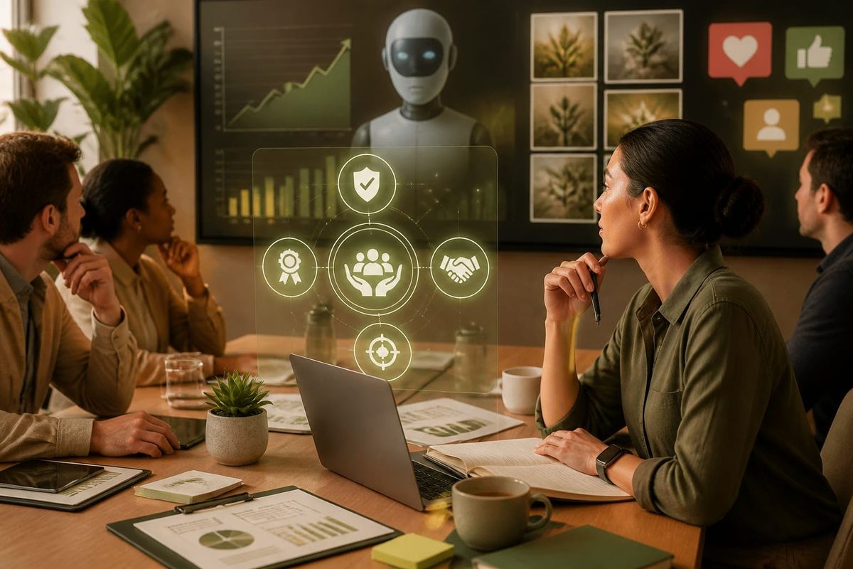 Social media marketer reviewing trust signals on a dashboard with AI icons