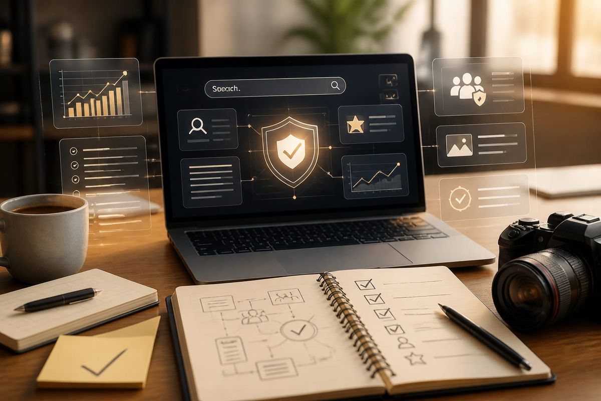 Illustration of an AI search interface with safety shields and marketing icons