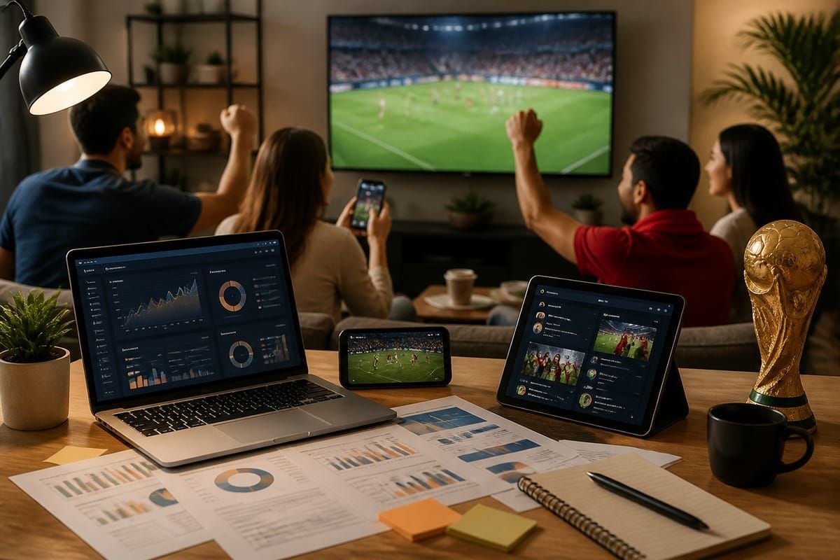 Fans watching FIFA World Cup 2026 on multiple devices with live updates and social feeds