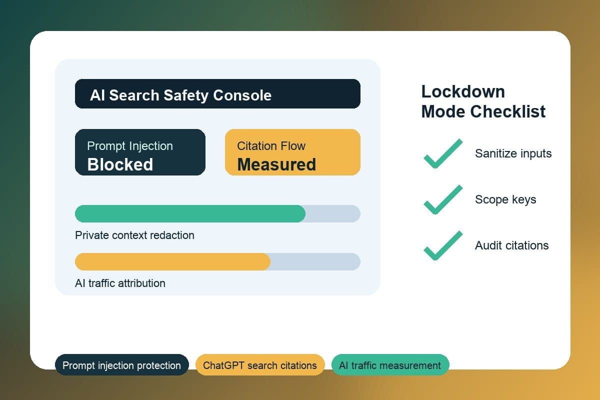 AI search safety dashboard with OpenAI Lockdown Mode prompt injection checklist and citation traffic measurement workflow