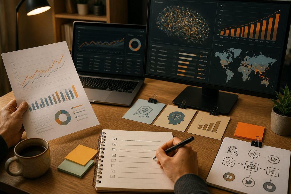 workspace showing AI search visibility checklist, rank tracking, and social repurposing