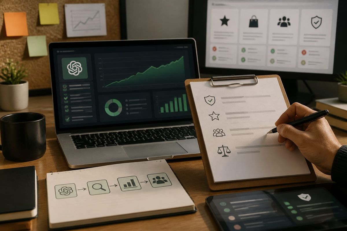 chatgpt raccomandazioni come aumentano visite AI search briefing workspace with query map, ads dashboard, and source checklist