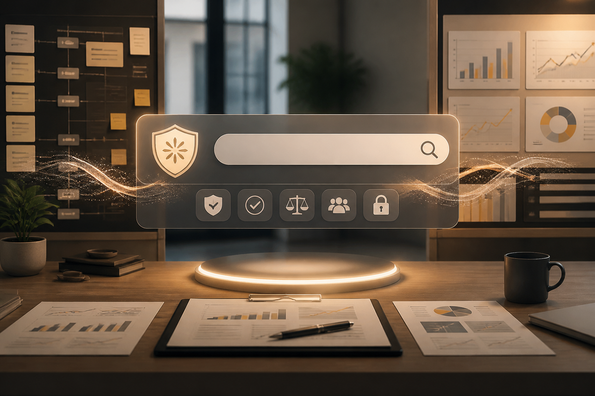 Illustration of a search interface with safety shields and Claude Fable 5 branding