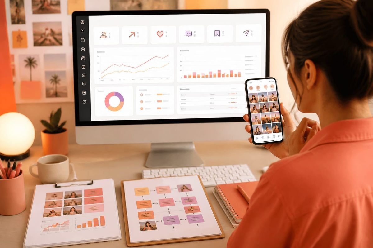 metricool informes personalizados instagram para creator phone desk with Reels planning calendar and metrics dashboard