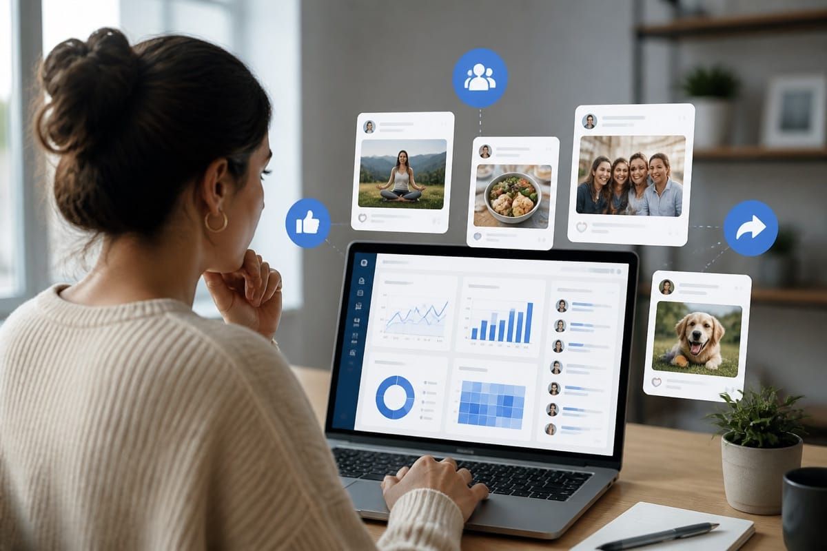 Marketer auditing Facebook distribution metrics on a laptop dashboard