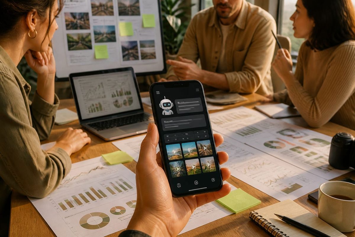 Facebook Creator Studio app on a smartphone showing AI features and content calendar