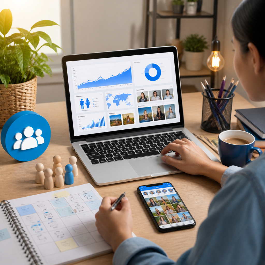 Person managing Facebook business page growth on a laptop