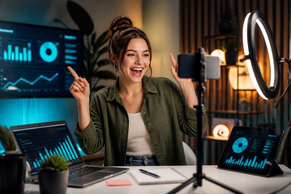 Creator filming a short TikTok video in a studio with ring light