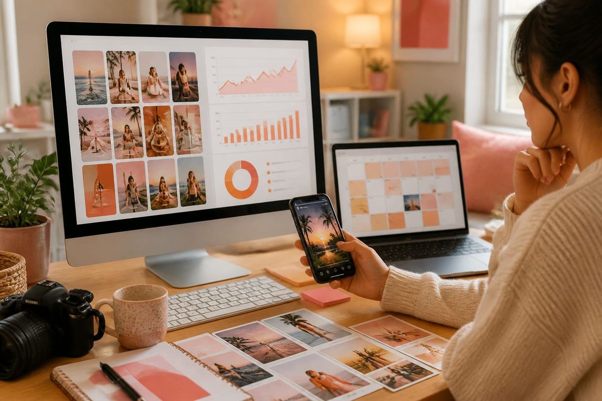 post instagram story desktop alternatives creator phone desk with Reels planning calendar and metrics dashboard