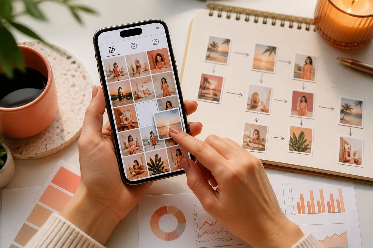 Mobile view of an Instagram account grid being rearranged with a planning notepad
