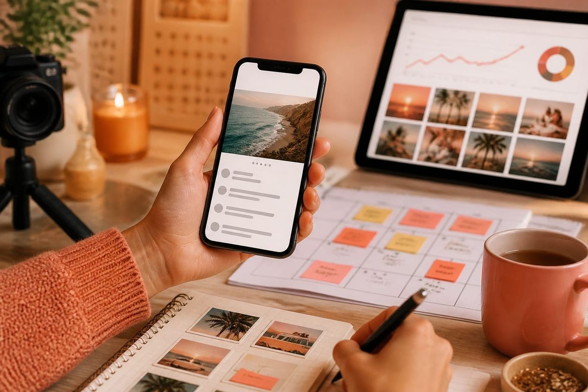 instagram strategia crescita caption multiple creator phone desk with Reels planning calendar and metrics dashboard