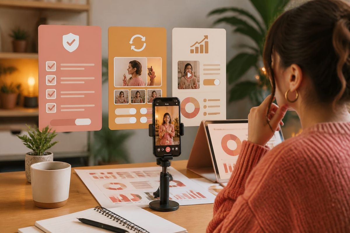 Instagram Reels workflow dashboard with AI disclosure checklist, remix rights and growth KPI cards