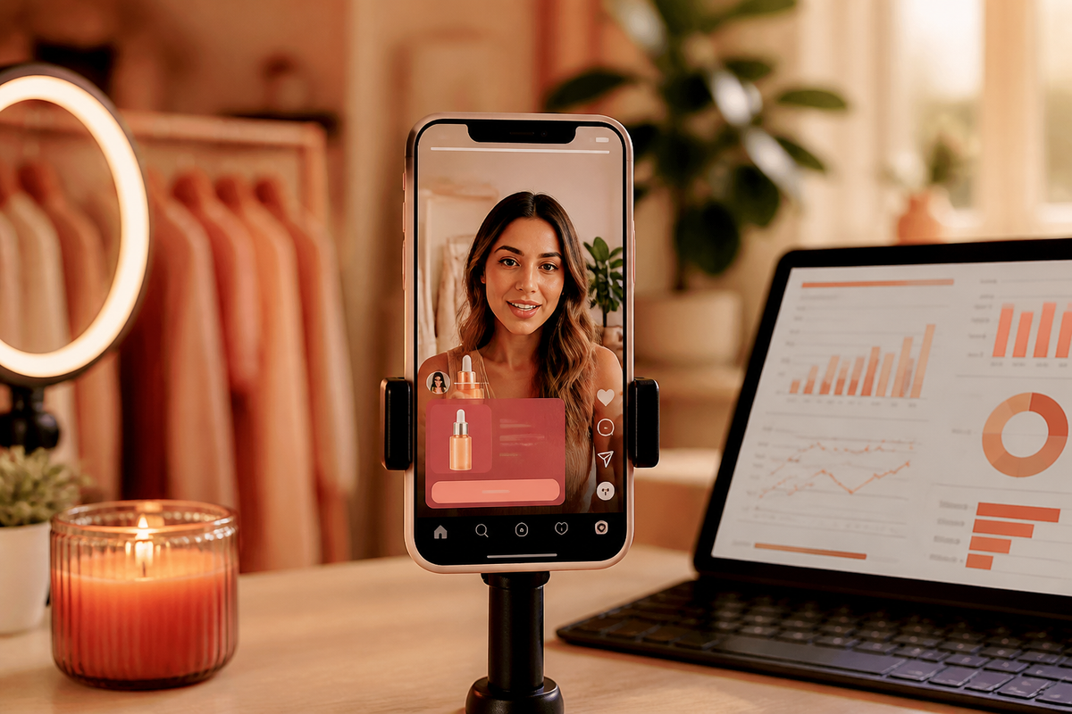Phone showing Instagram Reels with ad overlay and analytics dashboard