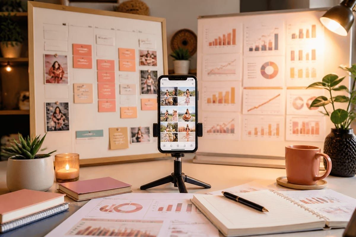 instagram hack impacted more than creator phone desk with Reels planning calendar and metrics dashboard