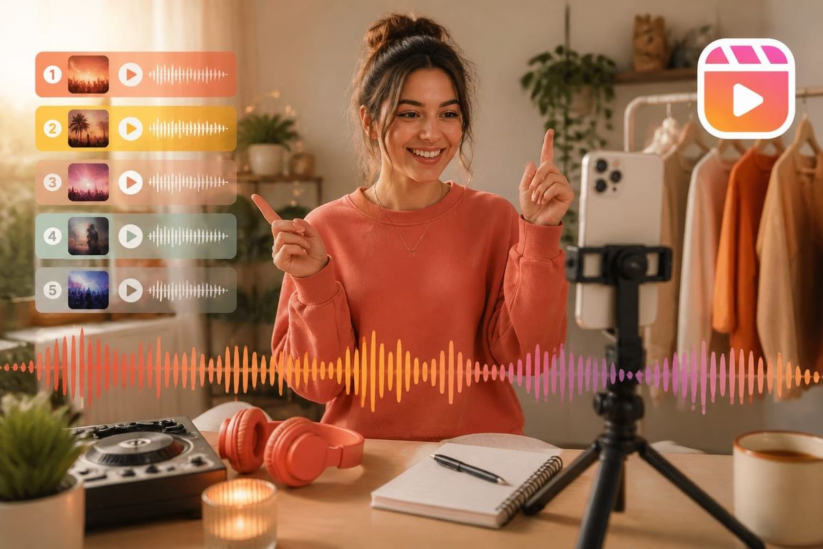 Person filming an Instagram Reel with smartphone and trending audio waveforms