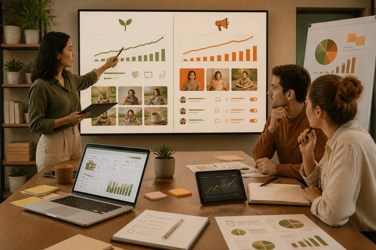 estrategia redes sociales organico pago creator workspace with metrics dashboard, planning checklist, and campaign board