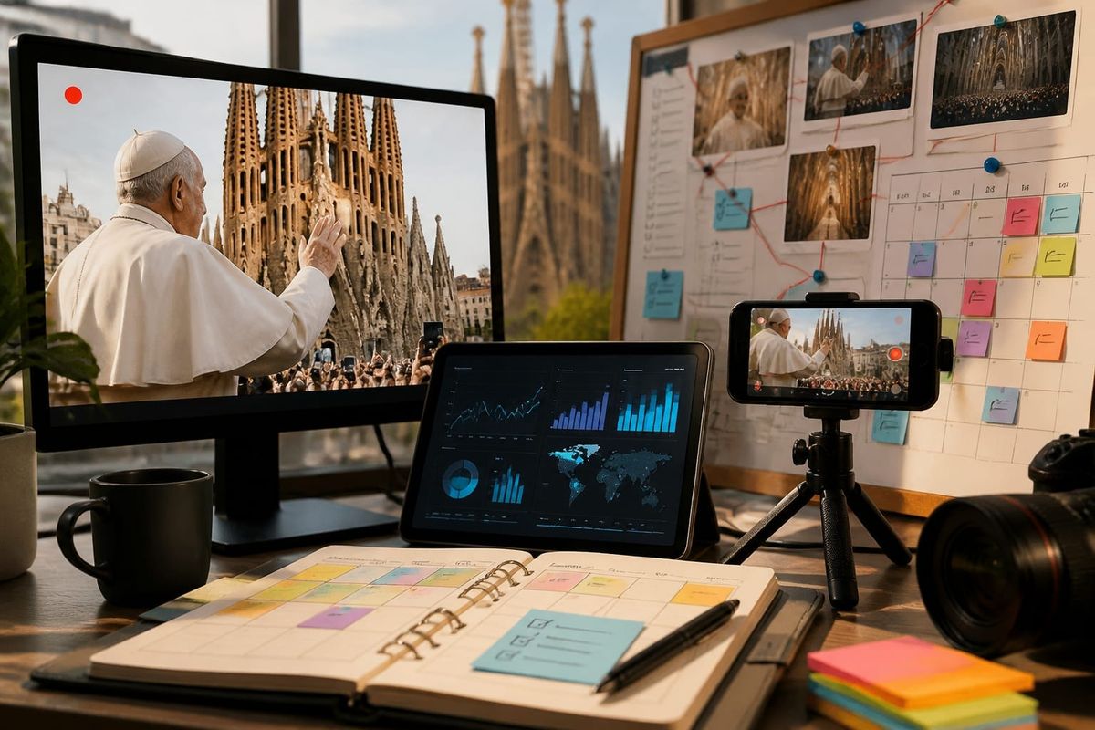 pope sagrada familia live tiktok audience reach dashboard with post calendar and distribution planning board