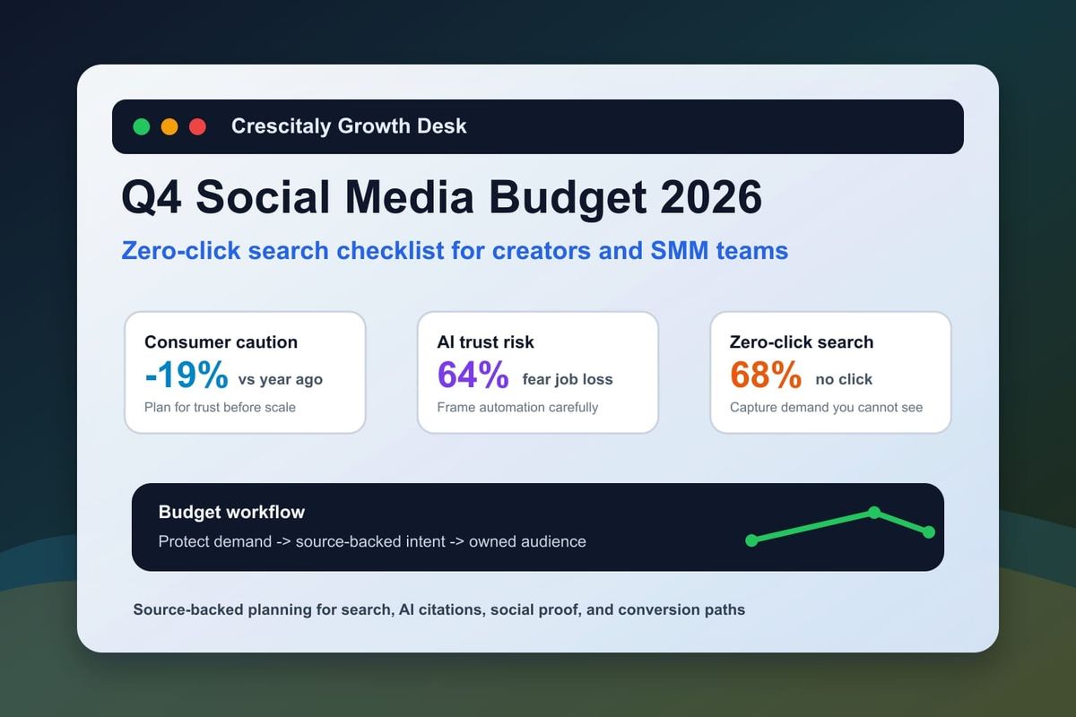 Q4 2026 social media budget dashboard with zero-click search signals, creator workflow cards and owned audience metrics
