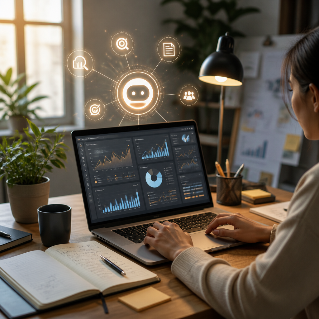 Marketer reviewing AI-generated search overview on a laptop screen