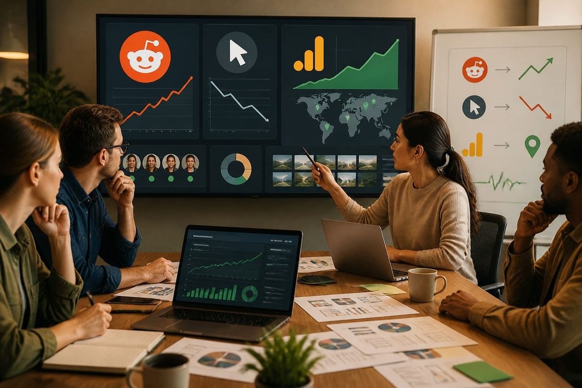 Dashboard showing social media metrics with Reddit and GA4 icons