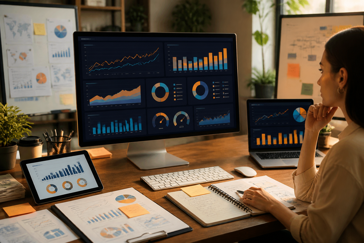 Social media marketing KPI dashboard showing CTR, impressions, conversion key events, and source mix forecast
