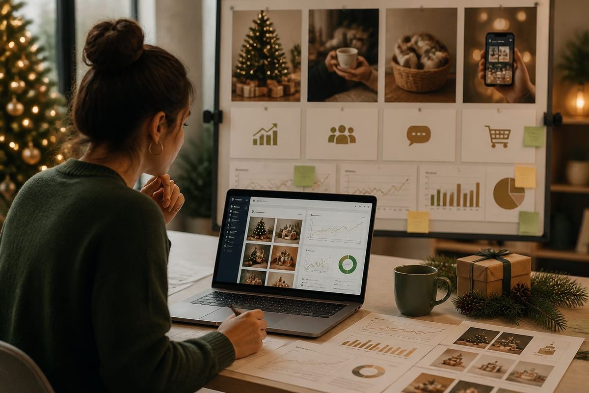 Marketer planning holiday social campaigns on a laptop with Meta icons visible