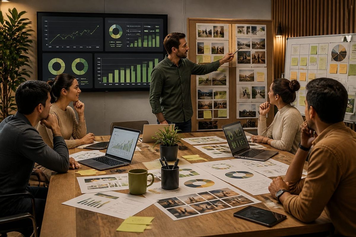 strategia guida tattica crescita distributori creator workspace with metrics dashboard, planning checklist, and campaign board